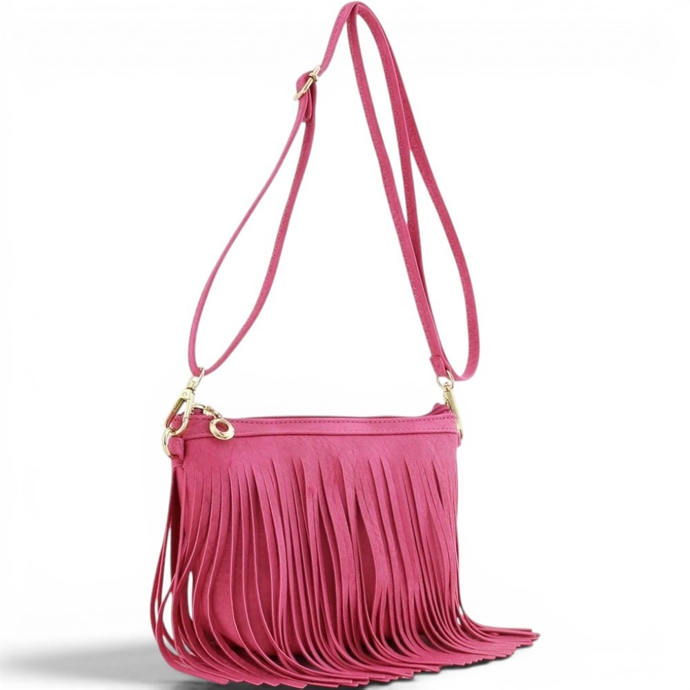 Hot Pink Fringe Crossbody Bag Wristlet Clutch Faux Suede Boho Gold Hardware